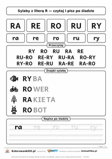 Sylaby z literą R (RA, RE, RO, RU, RY) — karta do nauki czytania sylabami z obrazkami i sylabami po śladzie, do druku