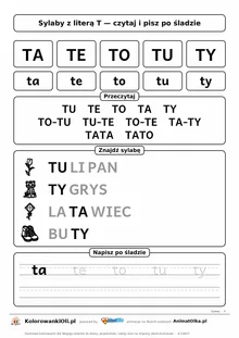 Sylaby z literą T (TA, TE, TO, TU, TY) — karta do nauki czytania sylabami z obrazkami i sylabami po śladzie, do druku