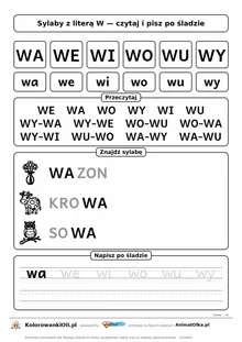 Sylaby z literą W (WA, WE, WI, WO, WU, WY) — karta do nauki czytania sylabami z obrazkami i sylabami po śladzie, do druku