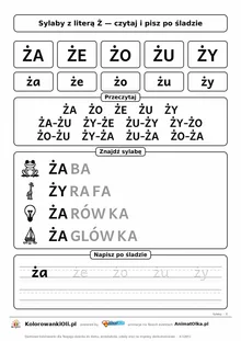 Sylaby z literą Ż (ŻA, ŻE, ŻO, ŻU, ŻY) — karta do nauki czytania sylabami z obrazkami i sylabami po śladzie, do druku