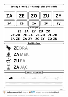 Sylaby z literą Z (ZA, ZE, ZO, ZU, ZY) — karta do nauki czytania sylabami z obrazkami i sylabami po śladzie, do druku