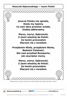 Hymn Polski — tekst dwóch zwrotek z refrenem do druku dla dzieci, ramka do pokolorowania