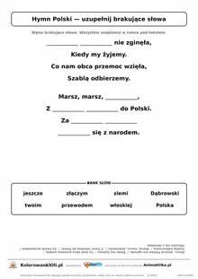 Hymn Polski z lukami — wpisz brakujące słowa pierwszej zwrotki i refrenu, karta pracy dla klas 2–3