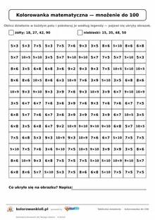Kolorowanka matematyczna z tabliczką mnożenia do 100: siatka 12 × 12 działań i legenda kolorów, ukryty obrazek, do druku