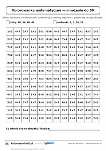 Kolorowanka matematyczna z tabliczką mnożenia do 50: siatka 12 × 12 działań i legenda kolorów, ukryty obrazek, do druku