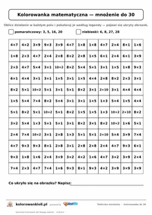 Kolorowanka matematyczna z tabliczką mnożenia do 30: siatka 12 × 12 działań i legenda kolorów, ukryty obrazek, do druku