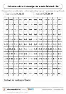 Kolorowanka matematyczna z tabliczką mnożenia do 30: siatka 12 × 12 działań i legenda kolorów, ukryty obrazek, do druku