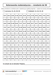 Kolorowanka matematyczna z tabliczką mnożenia do 50: siatka 12 × 12 działań i legenda kolorów, ukryty obrazek, do druku
