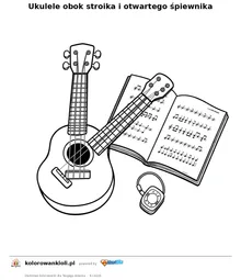 Ukulele obok stroika i otwartego śpiewnika — kolorowanka do wydruku dla dzieci