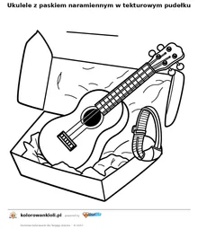 Ukulele z paskiem naramiennym w tekturowym pudełku — kolorowanka do wydruku dla dzieci