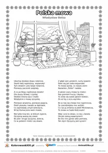 Polska mowa (Władysław Bełza) — tekst wiersza i ilustracja do kolorowania, karta A4 do druku