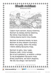 Ziemia rodzinna (Władysław Bełza) — tekst wiersza i ilustracja do kolorowania, karta A4 do druku