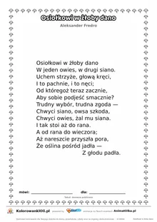Osiołkowi w żłoby dano (Aleksander Fredro) — tekst wiersza do druku A4 z ramką do pokolorowania