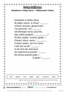 Uzupełnij rym — Osiołkowi w żłoby dano (Aleksander Fredro): karta pracy z lukami w rymach, A4