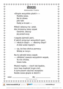 Sowa (Aleksander Fredro) — tekst wiersza do druku A4 z ramką do pokolorowania