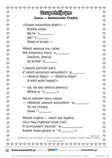 Uzupełnij rym — Sowa (Aleksander Fredro): karta pracy z lukami w rymach, A4