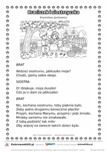 Braciszek i siostrzyczka (Stanisław Jachowicz) — tekst wiersza i ilustracja do kolorowania, karta A4 do druku