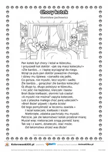 Chory kotek (Stanisław Jachowicz) — tekst wiersza i ilustracja do kolorowania, karta A4 do druku