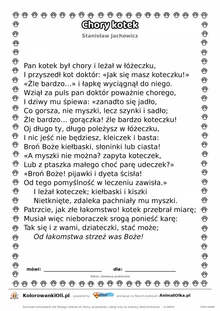 Chory kotek (Stanisław Jachowicz) — tekst wiersza do druku A4 z ramką do pokolorowania