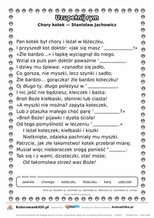 Uzupełnij rym — Chory kotek (Stanisław Jachowicz): karta pracy z lukami w rymach, A4
