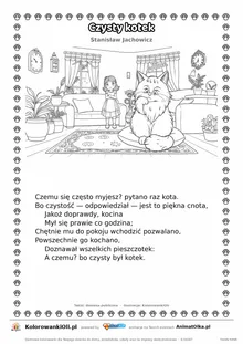 Czysty kotek (Stanisław Jachowicz) — tekst wiersza i ilustracja do kolorowania, karta A4 do druku