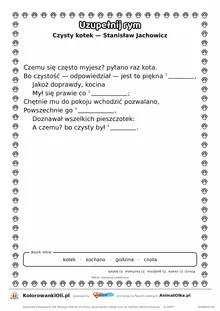 Uzupełnij rym — Czysty kotek (Stanisław Jachowicz): karta pracy z lukami w rymach, A4