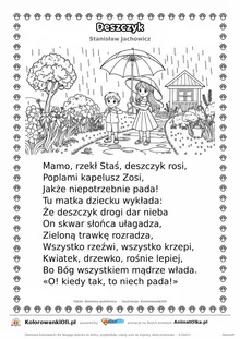 Deszczyk (Stanisław Jachowicz) — tekst wiersza i ilustracja do kolorowania, karta A4 do druku