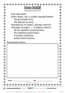 Dwa kotki (Stanisław Jachowicz) — tekst wiersza do druku A4 z ramką do pokolorowania