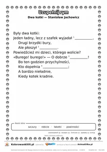 Uzupełnij rym — Dwa kotki (Stanisław Jachowicz): karta pracy z lukami w rymach, A4