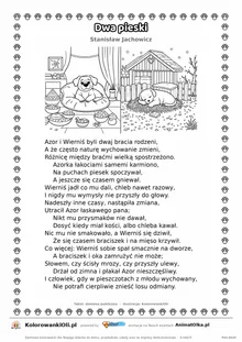 Dwa pieski (Stanisław Jachowicz) — tekst wiersza i ilustracja do kolorowania, karta A4 do druku