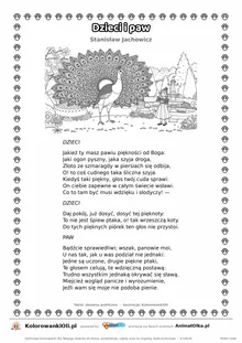 Dzieci i paw (Stanisław Jachowicz) — tekst wiersza i ilustracja do kolorowania, karta A4 do druku
