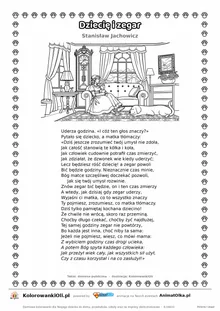 Dziecię i zegar (Stanisław Jachowicz) — tekst wiersza i ilustracja do kolorowania, karta A4 do druku
