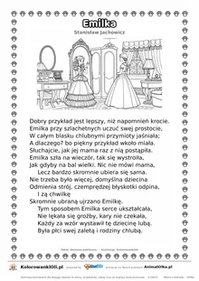 Emilka (Stanisław Jachowicz) — tekst wiersza i ilustracja do kolorowania, karta A4 do druku