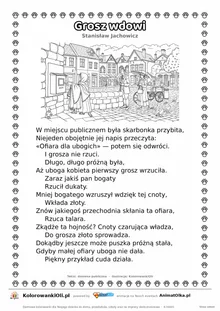 Grosz wdowi (Stanisław Jachowicz) — tekst wiersza i ilustracja do kolorowania, karta A4 do druku