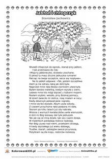 Jabłoń i chłopczyk (Stanisław Jachowicz) — tekst wiersza i ilustracja do kolorowania, karta A4 do druku