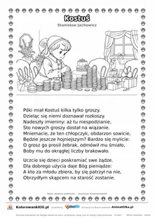 Kostuś (Stanisław Jachowicz) — tekst wiersza i ilustracja do kolorowania, karta A4 do druku