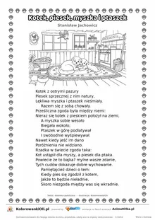 Kotek, piesek, myszka i ptaszek (Stanisław Jachowicz) — tekst wiersza i ilustracja do kolorowania, karta A4 do druku