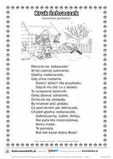 Kruk żebraczek (Stanisław Jachowicz) — tekst wiersza i ilustracja do kolorowania, karta A4 do druku