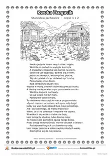 Kwoka i kogucik (Stanisław Jachowicz) — tekst wiersza i ilustracja do kolorowania (część 1 z 2), karta A4 do druku