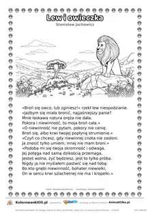 Lew i owieczka (Stanisław Jachowicz) — tekst wiersza i ilustracja do kolorowania, karta A4 do druku
