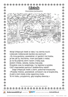 Listek (Stanisław Jachowicz) — tekst wiersza i ilustracja do kolorowania, karta A4 do druku