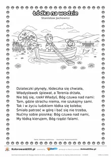 Łódka na wodzie (Stanisław Jachowicz) — tekst wiersza i ilustracja do kolorowania, karta A4 do druku