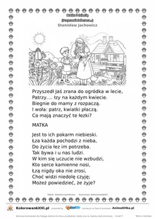 Matka i dziecię (Przyszedł Jaś zrana...) (Stanisław Jachowicz) — tekst wiersza i ilustracja do kolorowania, karta A4 do druku