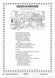 Myszka na śniadaniu (Stanisław Jachowicz) — tekst wiersza i ilustracja do kolorowania, karta A4 do druku