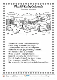 Piesek i biedny koteczek (Stanisław Jachowicz) — tekst wiersza i ilustracja do kolorowania, karta A4 do druku