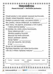 Uzupełnij rym — Piesek Kruczek (Stanisław Jachowicz): karta pracy z lukami w rymach, A4
