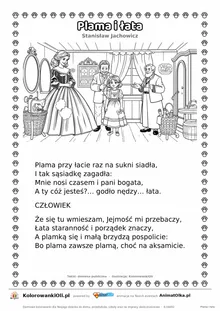 Plama i łata (Stanisław Jachowicz) — tekst wiersza i ilustracja do kolorowania, karta A4 do druku