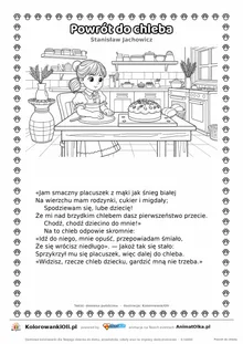 Powrót do chleba (Stanisław Jachowicz) — tekst wiersza i ilustracja do kolorowania, karta A4 do druku