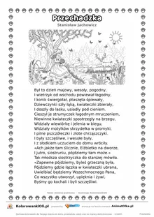Przechadzka (Stanisław Jachowicz) — tekst wiersza i ilustracja do kolorowania, karta A4 do druku