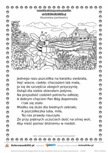 Pszczółka (Jednego razu pszczółka na kwiatku siedziała...) (Stanisław Jachowicz) — tekst wiersza i ilustracja do kolorowania, karta A4 do druku